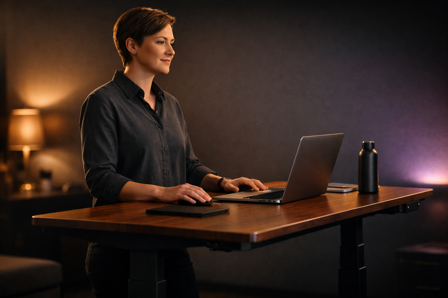a woman sitting at a standing desk with a laptop