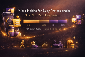 Minimal desk setup with water bottle and timer representing a 3-minute workspace reset to reduce distractions and improve focus