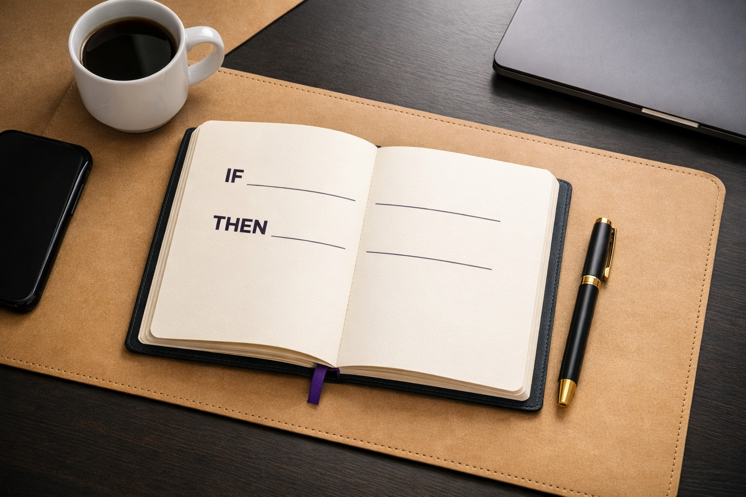 Minimalist desk workspace with If–Then planning notebook template illustrating the implementation intention framework for busy professionals.