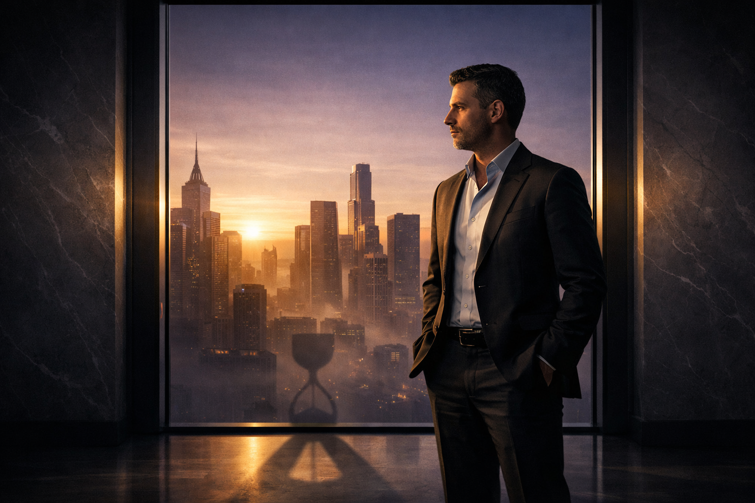 Busy professional standing calmly in a dark modern office at sunrise, symbolizing stoic resilience, adversity, focus, and inner control.