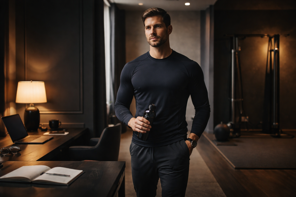 Busy professional standing in a dark premium workspace preparing to train, representing discipline, consistency, and healthy habits under real-life conditions.