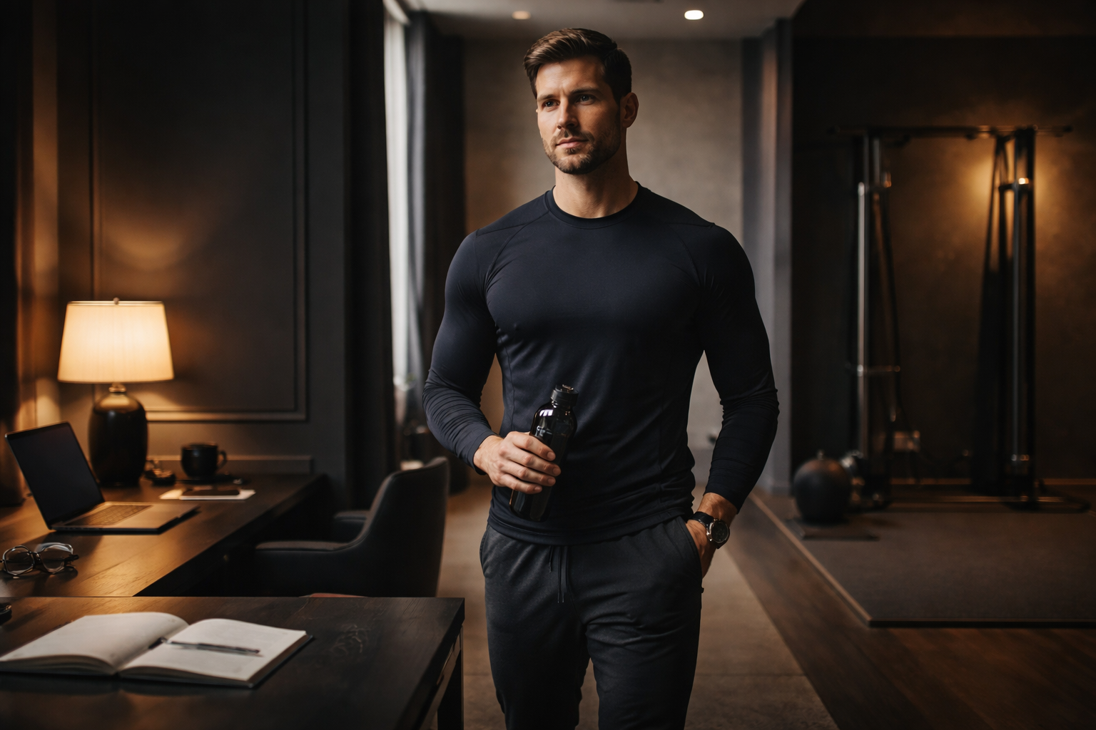 Busy professional standing in a dark premium workspace preparing to train, representing discipline, consistency, and healthy habits under real-life conditions.