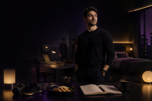 Busy professional in a premium dark editorial setting balancing work and wellness, with subtle visual references to nutrition, movement, sleep, mindset, and social connection in Berracos Fitness brand colors.