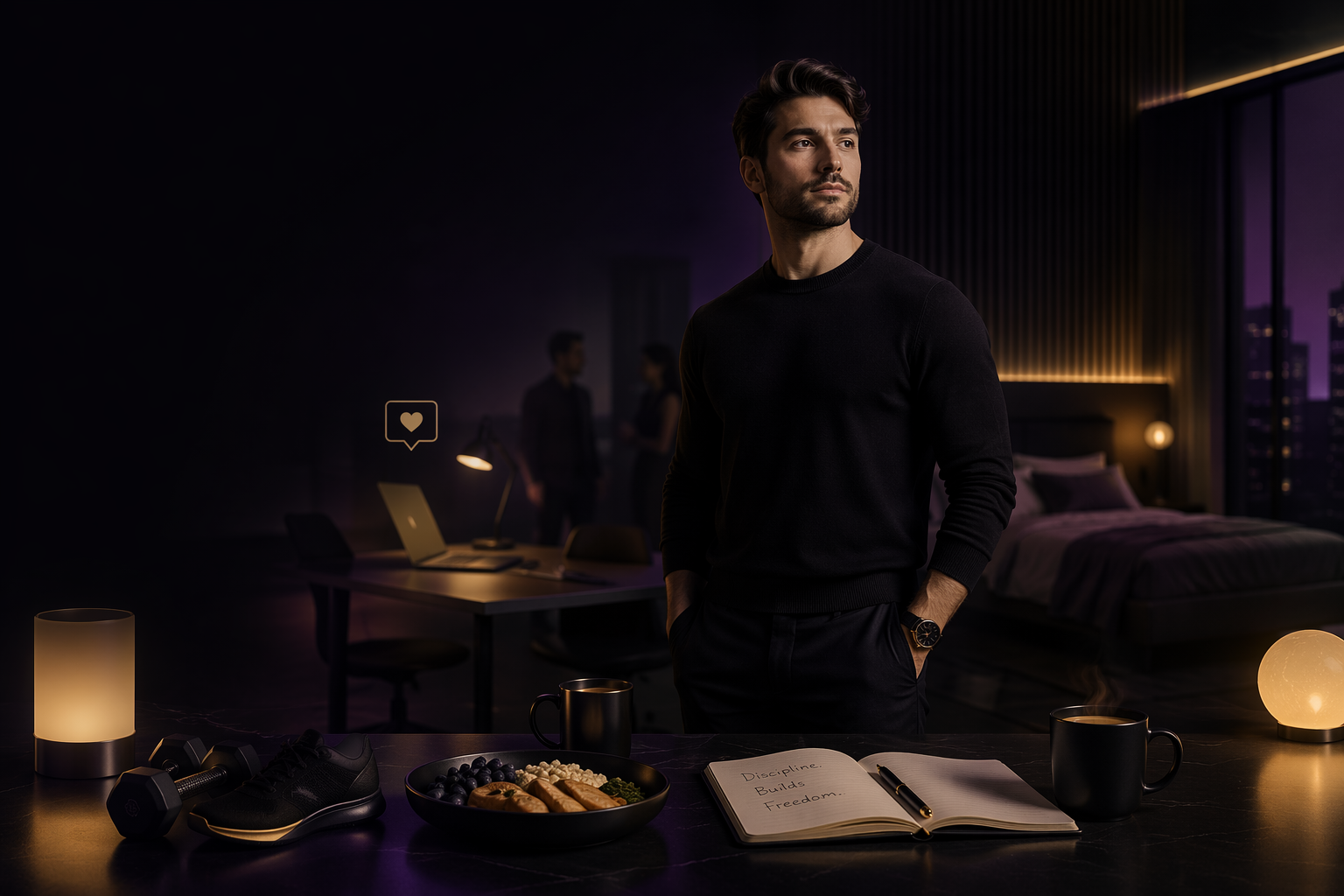 Busy professional in a premium dark editorial setting balancing work and wellness, with subtle visual references to nutrition, movement, sleep, mindset, and social connection in Berracos Fitness brand colors.