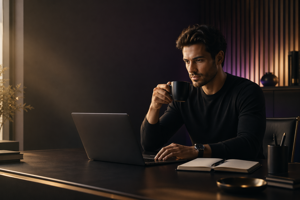 Busy professional drinking black coffee at a modern desk while working with focus, representing the benefits of caffeine for productivity, attention, and energy in the modern workplace.
