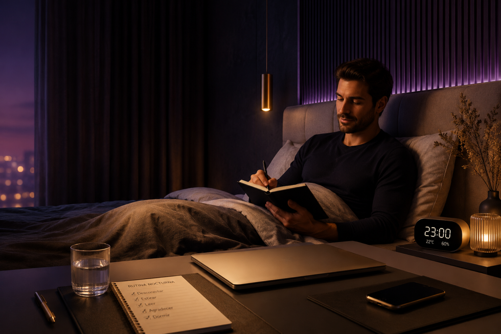 Busy professional preparing for sleep in a calm premium bedroom workspace, representing sleep regularity, recovery, better energy, and healthy habits for modern professionals.