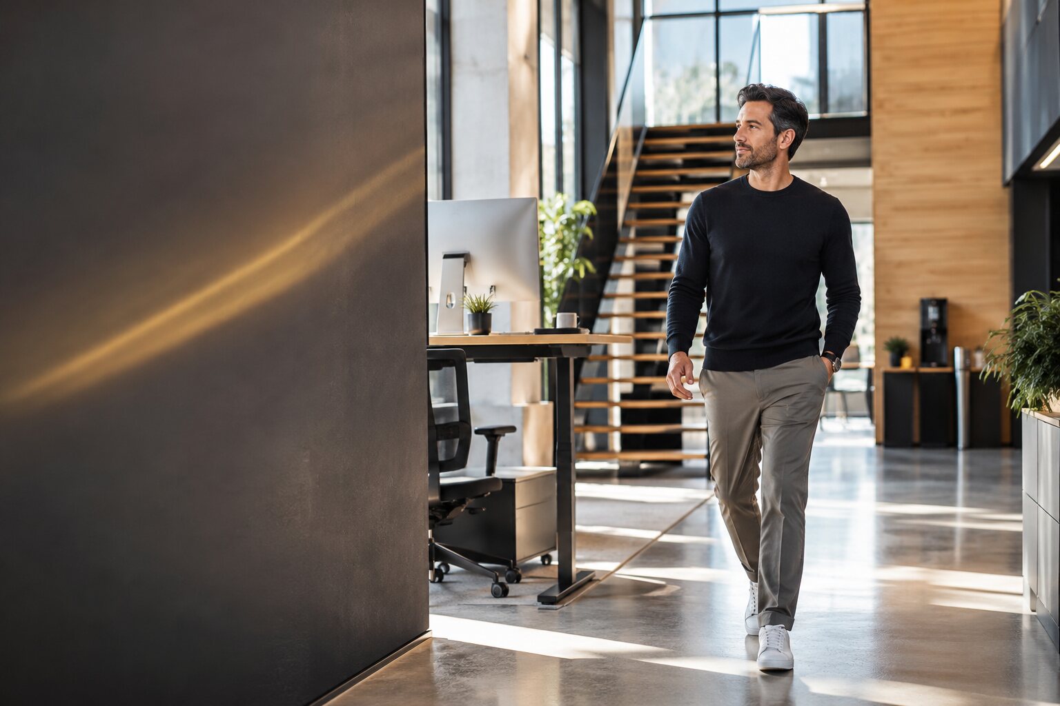 Modern office worker using NEAT for weight loss through daily walking